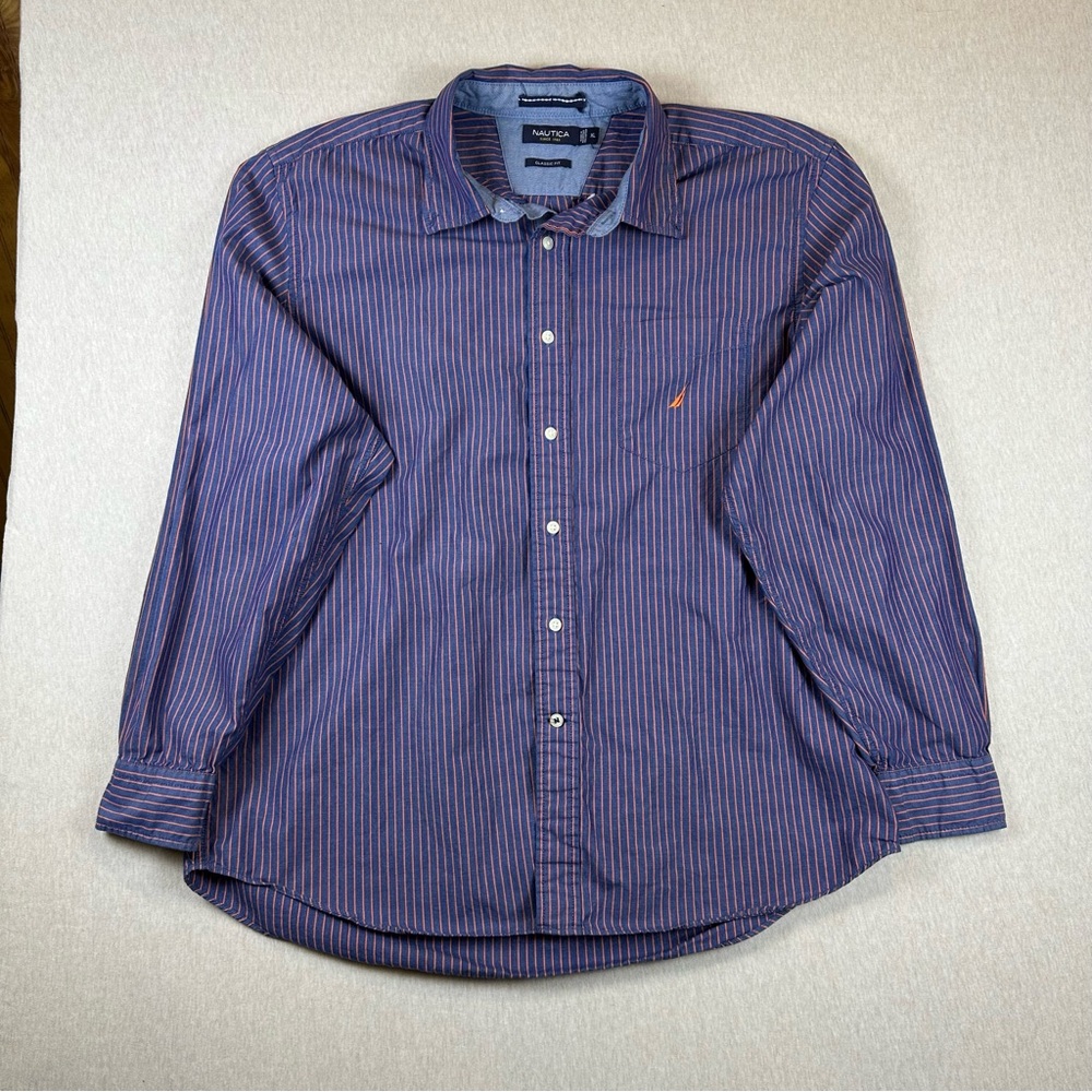 Nautica Men's Purple and Blue Striped Shirt Size XL